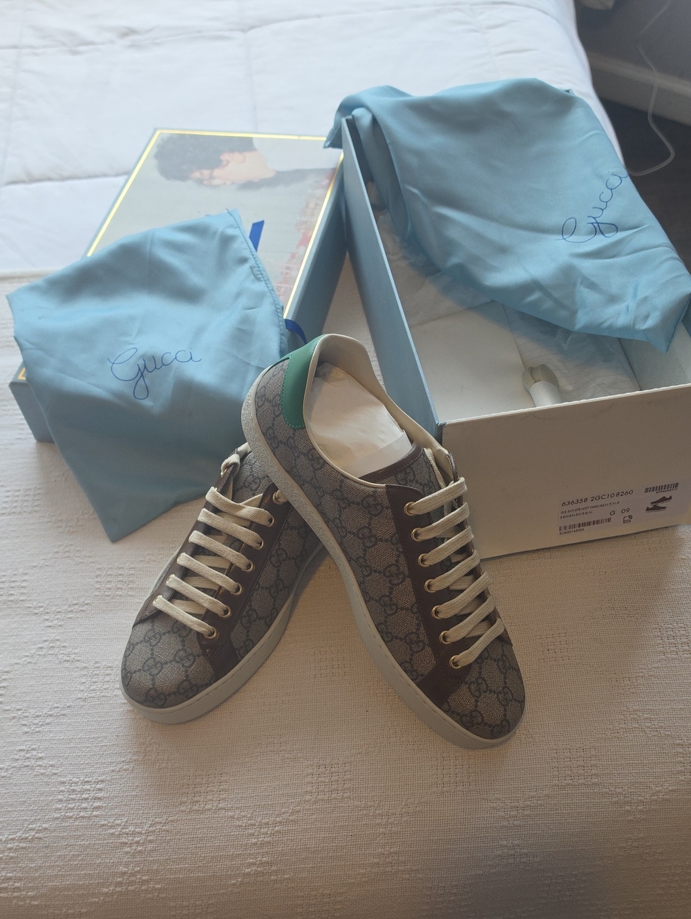 Gucci Beige Brown Monogram Low-Top Sneakers with Green Heel